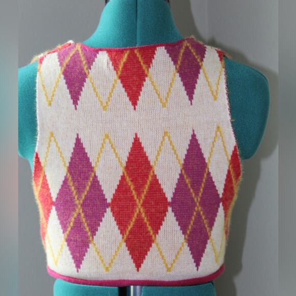 Urban Outfitters Adriana Split Hem Sweater Vest Argyle Pink Red Yellow Women S - Picture 4 of 8